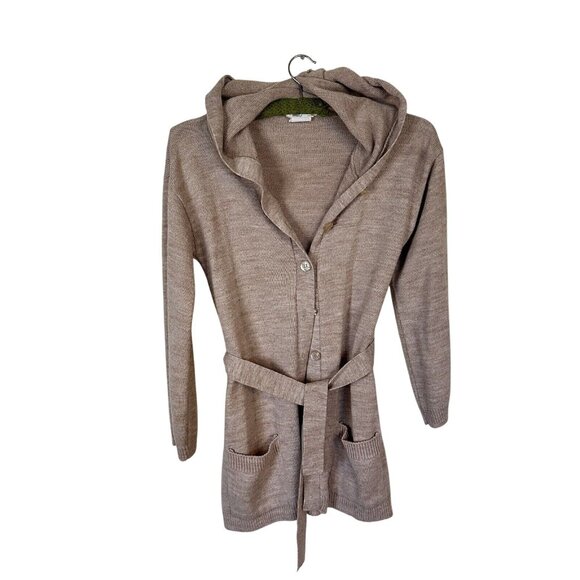 Vtg Womens Cardigan Tan Knit Button Front Waist Tie Small Pockets Retro 70s - Picture 1 of 10